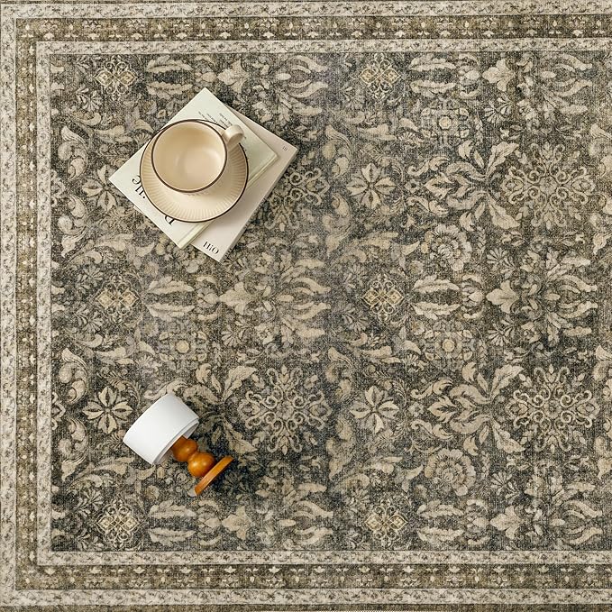 PureCozy Brown 3x5 Area Rug Washable Entryway Office Vintage Carpet Indoor Non Slip Small Low Plie Thin Bedroom Kitchen Rug Retro Accent Throw Living Dining Room Bathroom