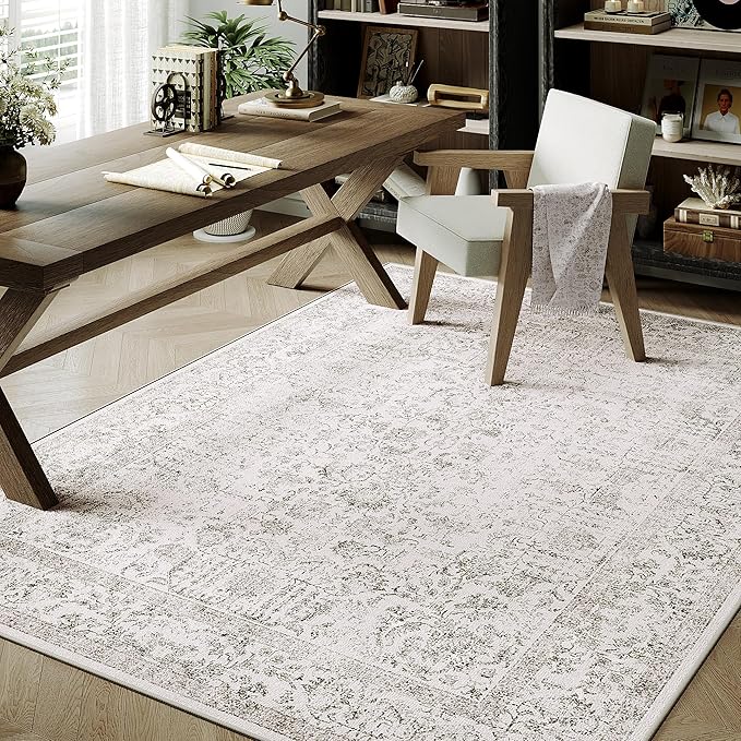 PureCozy Gray Area Rug 3x4 Office Entryway Rug Machine Washable Kitchen Vintage Distressed Non Slip Carpet Indoor Grey Retro Floral Accent Throw Door Mat for Bathroom Bedroom Dining Living Room