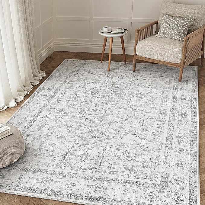 PureCozy Grey 4x6 Entryway Rug Vintage Area Carpet Indoor Kitchen Washable Door Mat Entrance Small Low Pile Traditional Distressed Retro Accent Throw Rug Non Slip Office Bathroom