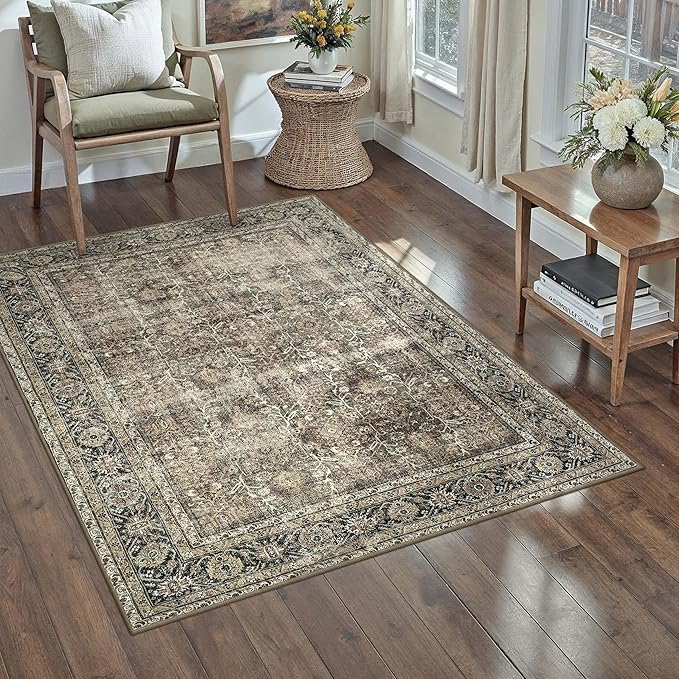 PureCozy Brown Entryway Rug 2x4 Vintage Area Carpet Indoor Kitchen Washable Door Mat Living Room Entrance Small Low Pile Non Slip Traditional Distressed Retro Accent Throw Rug Office Bathroom