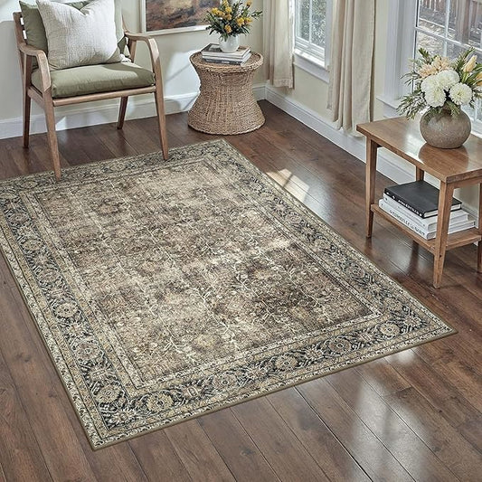PureCozy Brown Entryway Rug 2x4 Vintage Area Carpet Indoor Kitchen Washable Door Mat Living Room Entrance Small Low Pile Non Slip Traditional Distressed Retro Accent Throw Rug Office Bathroom