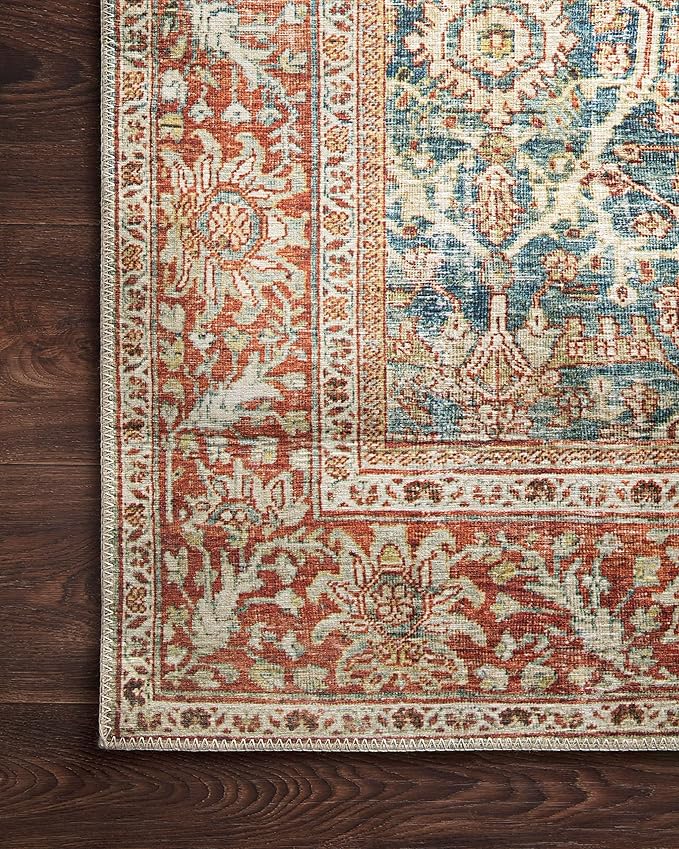Loloi Layla Collection LAY-04 Ocean/Rust 5'-0" x 7'-6" .13" Thick Area Rug, Soft, Durable, Vintage Inspired, Distressed, Low Pile, Non-Shedding, Easy Clean, Printed, Living Room Rug