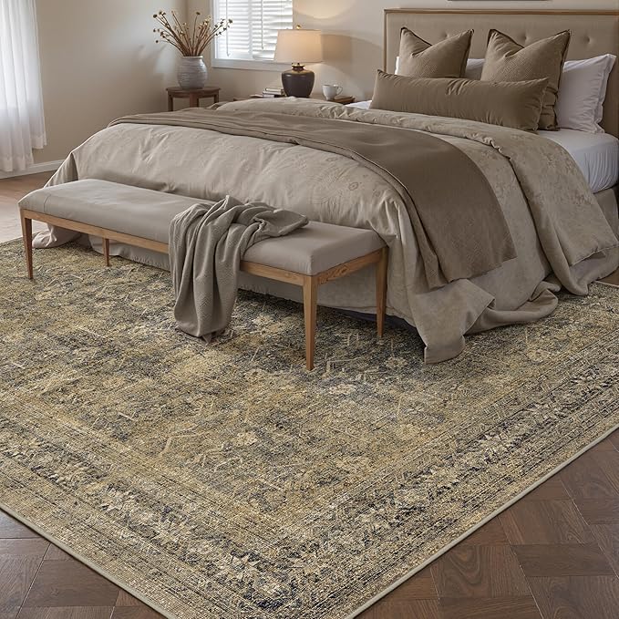 PureCozy 5x7 Brown Black Area Rug for Living Room Washable Vintage Distressed Carpet Bedroom Low Pile Non Slip Indoor Soft Retro Throw Accent Rug Office Kitchen Bathroom Dining Room