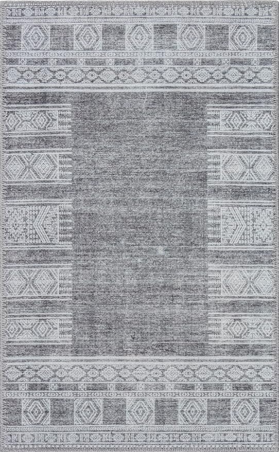 RugOver Machine Washable Area Rug, Pet-Friendly and Non-Slip Indoor Carpet for Kitchen, Bathroom, Living Room, Home Floor Decoration(Charcoal/White, 2' x 3')