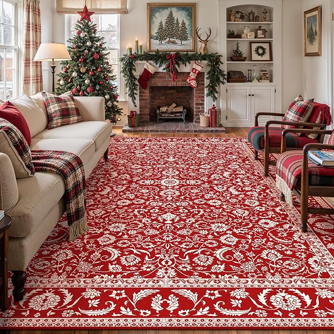 HUGEAR Christmas 6x9 Machine Washable Rugs Red Hallway Large Area Rug Indoor Accent Rug Floral Low Pile Carpet Soft Throw Aesthetic Rug Bedroom Living Room Office Dining Room Kitchen Laundry Room