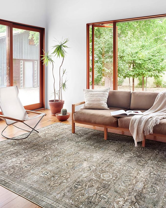 Loloi Layla Collection LAY-13 Antique/Moss 2'-6" x 9'-6" .13" Thick Runner Rug, Soft, Durable, Vintage Inspired, Distressed, Low Pile, Non-Shedding, Easy Clean, Printed, Living Room Rug