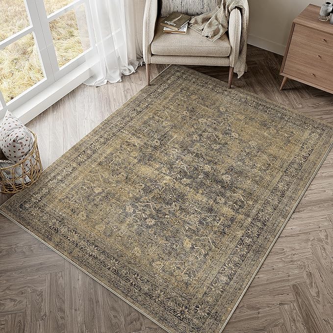 PureCozy 5x7 Brown Black Area Rug for Living Room Washable Vintage Distressed Carpet Bedroom Low Pile Non Slip Indoor Soft Retro Throw Accent Rug Office Kitchen Bathroom Dining Room