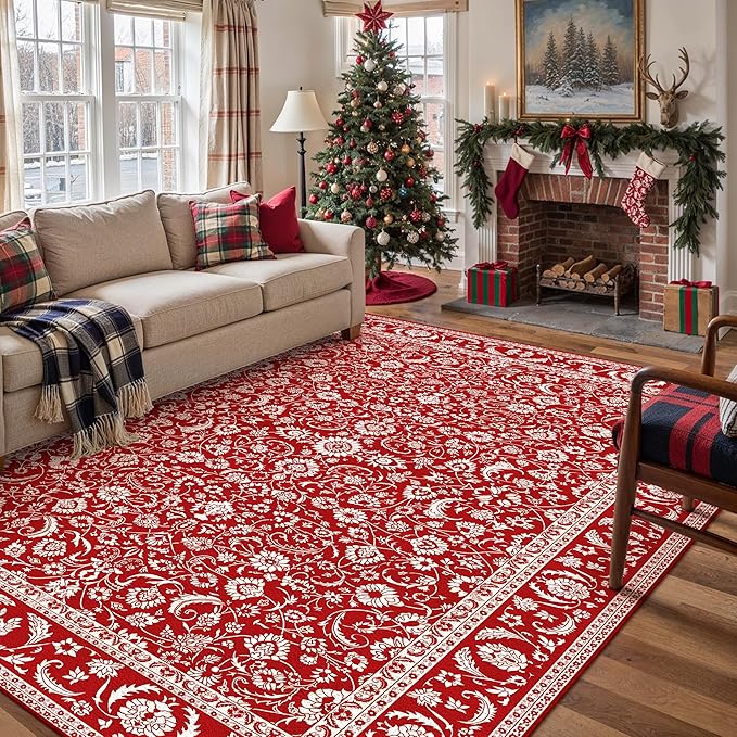 HUGEAR Christmas 6x9 Machine Washable Rugs Red Hallway Large Area Rug Indoor Accent Rug Floral Low Pile Carpet Soft Throw Aesthetic Rug Bedroom Living Room Office Dining Room Kitchen Laundry Room