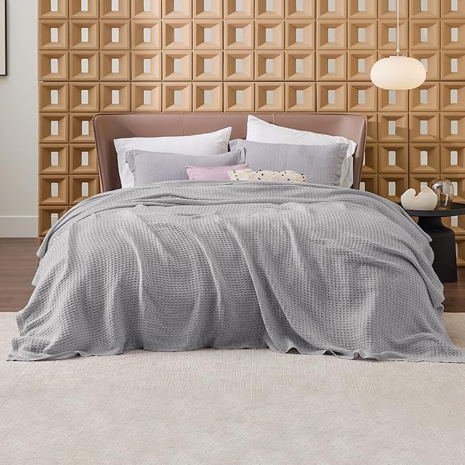 Bedsure Gentlesoft 100% Cotton Blanket Queen Size for Bed - Breathable and Soft for Spring Summer, Thick Cozy Waffle Weave Blanket Gifts for Women, Grey, 90x90 Inches