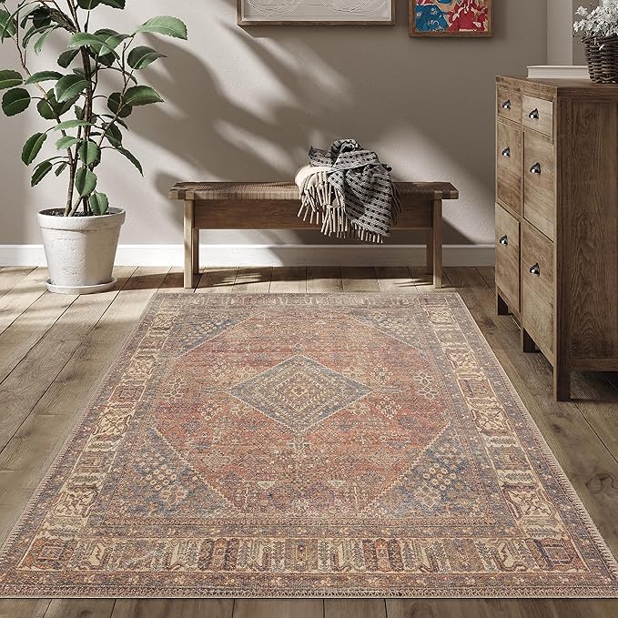RugOver Machine Washable Area Rug, Pet-Friendly and Non-Slip Indoor Carpet for Kitchen, Bathroom, Living Room, Home Floor Decoration(Clay/Prussian, 5'1" x 7'5")