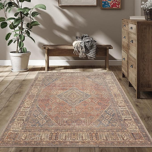 RugOver Machine Washable Area Rug, Pet-Friendly and Non-Slip Indoor Carpet for Kitchen, Bathroom, Living Room, Home Floor Decoration(Clay/Prussian, 5'1" x 7'5")