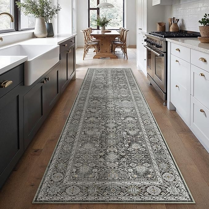 PureCozy Black Runner Rug 2'6"x8' Vintage Area Carpet Hallway Long Indoor Kitchen Washable Living Room Low Pile Traditional Distressed Retro Accent Rug Non Slip Laundry Bathroom Office Dining Room