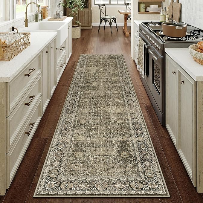 PureCozy Light Brown Runner Rug 2x10 Vintage Area Rug Hallway Indoor Kitchen Washable Living Room Carpet Tribal Distressed Rug Retro Accent Throw Rug for Office Dining Room Bathroom Faux Wool