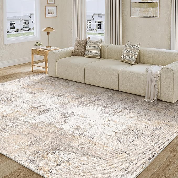 WondRg 6x9 Washable Area Rug Beige Grey Abstract Living Room Bedroom Throw Rug Neutral Modern Non Slip Soft Low Pile Indoor Carpet for Dining Room Office Entryway