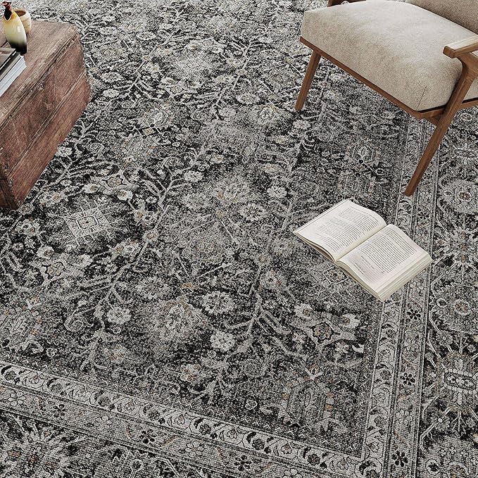 PureCozy Black Runner Rug 2'6"x12' Vintage Area Carpet Hallway Long Indoor Kitchen Washable Living Room Low Pile Traditional Distressed Retro Accent Rug Non Slip Laundry Bathroom Office Dining Room