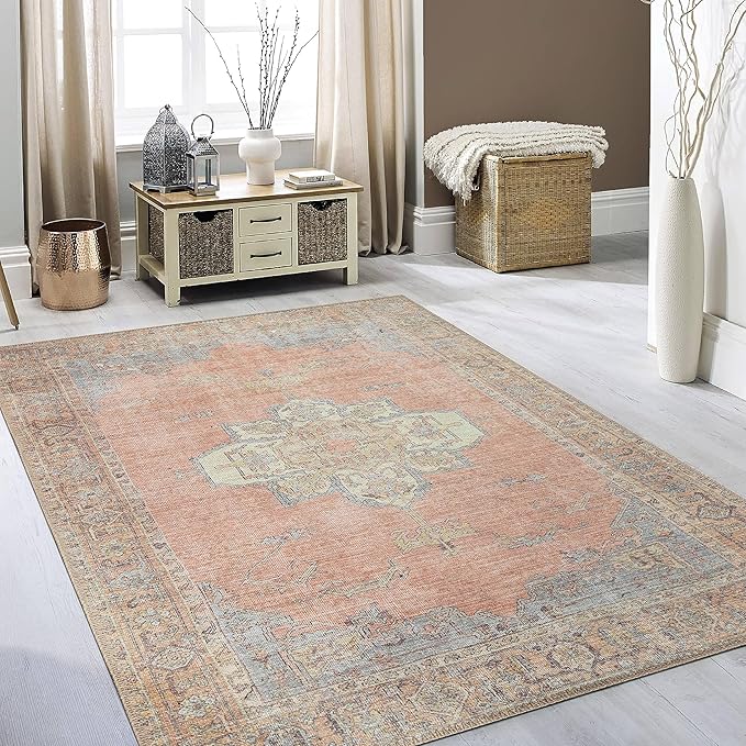 RugOver Machine Washable Area Rug, Pet-Friendly and Non-Slip Indoor Carpet for Kitchen, Bathroom, Living Room, Home Floor Decoration(Coral/Ice, 3' x 5')