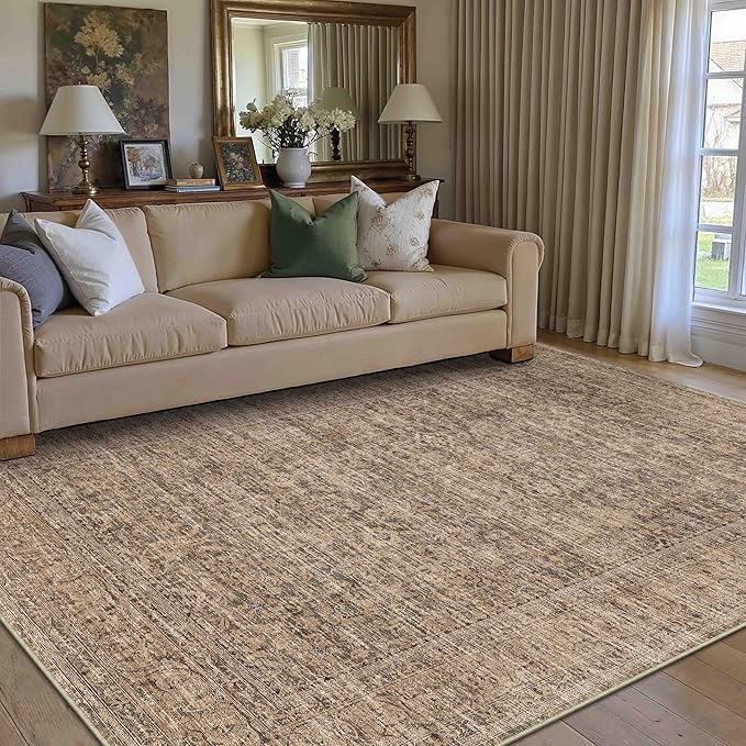 PureCozy 3x5 Area Rug Brown Machine Washable Entryway Office Vintage Distressed Non Slip Carpet Indoor Small Low Plie Thin Bedroom Kitchen Retro Accent Throw Rug Door Mat Entrance Bathroom Living Room