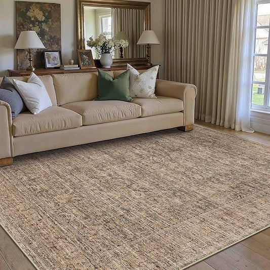 PureCozy 4x6 Area Rug Brown Machine Washable Entryway Office Vintage Distressed Non Slip Carpet Indoor Small Low Plie Thin Bedroom Kitchen Retro Accent Throw Rug Door Mat Entrance Bathroom Living Room
