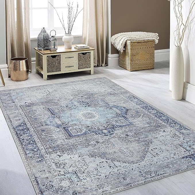 RugOver Machine Washable Area Rug, Pet-Friendly and Non-Slip Indoor Carpet for Kitchen, Bathroom, Living Room, Home Floor Decoration(Seal/Space, 5'1" x 7'5")