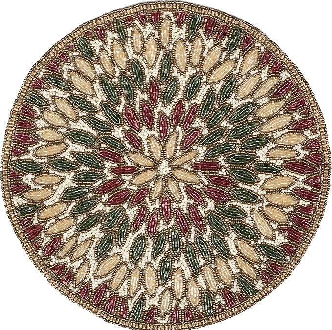 Beaded Charger 13" Round Floral Marigold – Gold, Red, Green, Placemats for Dining Table, Beaded Charger, Holiday & Christmas Décor