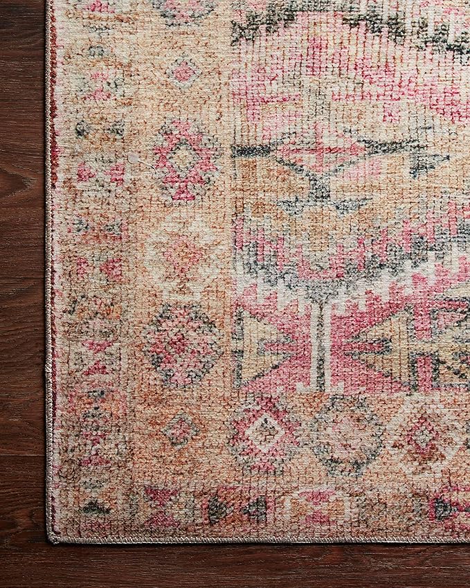 Loloi Layla Collection LAY-17 Pink/Lagoon 2'-0" x 5'-0" .13" Thick Accent Rug, Soft, Durable, Vintage Inspired, Distressed, Low Pile, Non-Shedding, Easy Clean, Printed, Living Room Rug