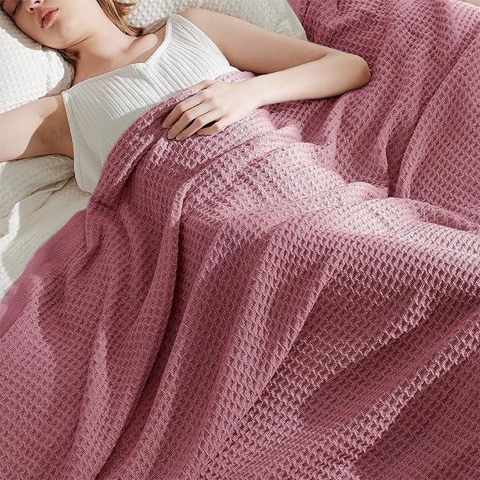 Bedsure Gentlesoft 100% Cotton Blanket Queen Size for Bed - Breathable and Soft for Spring Summer, Thick Cozy Waffle Weave Blanket Gifts for Women, Dusty Rose, 90x90 Inches