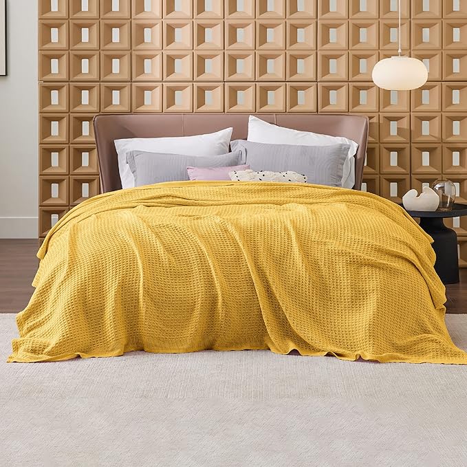 Bedsure Gentlesoft 100% Cotton Blanket Queen Size for Bed - Breathable and Soft for Spring Summer, Thick Cozy Waffle Weave Blanket Gifts for Women, Mustard Yellow, 90x90 Inches