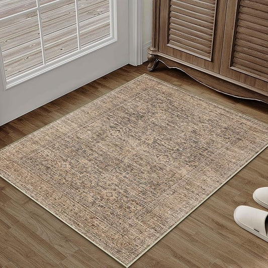PureCozy 2x3 Area Rug Brown Machine Washable Entryway Door Mat Vintage Distressed Non Slip Carpet Indoor Small Low Pile Thin Kitchen Bathroom Retro Accent Throw Rug Entrance Bedroom Office Living Room