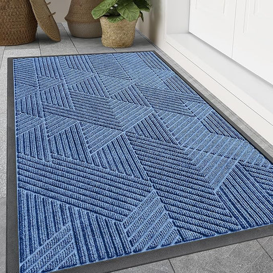 Smiry Front Door Mat Outside Entrance, Heavy Duty Sturdy Natural Rubber Doormat, Trap Dirt and Moisture, Easy Clean Low Profile Welcome Floor Mats for Indoor Outdoor Entry, 59x23 Inch, Blue