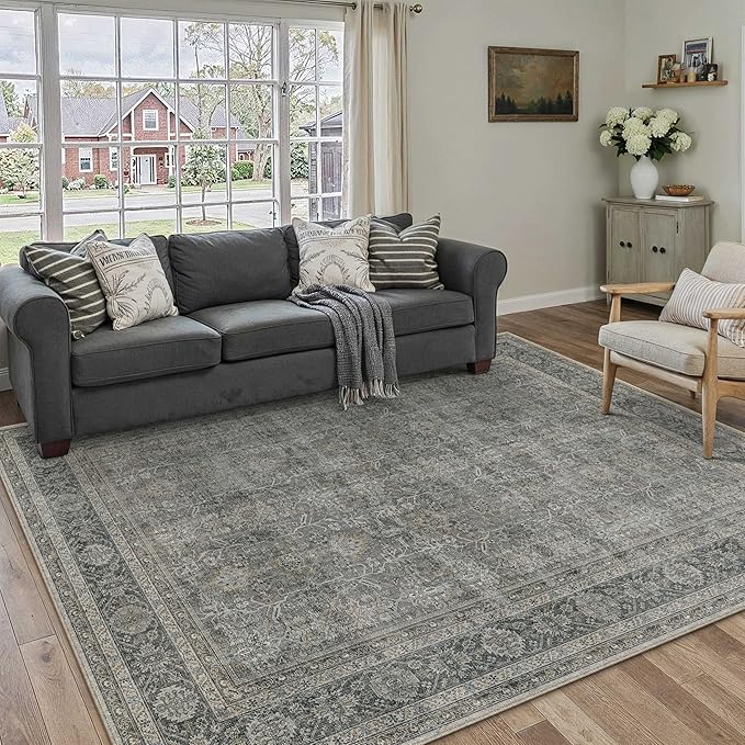 PureCozy Vintage Area Rug 4x5 Grey Brown Entryway Office Washable Carpet Non Slip Bedroom Indoor Living Room Door Mat Low Pile Traditional Distressed Retro Accent Rug for Dining Room Bathroom Kitchen