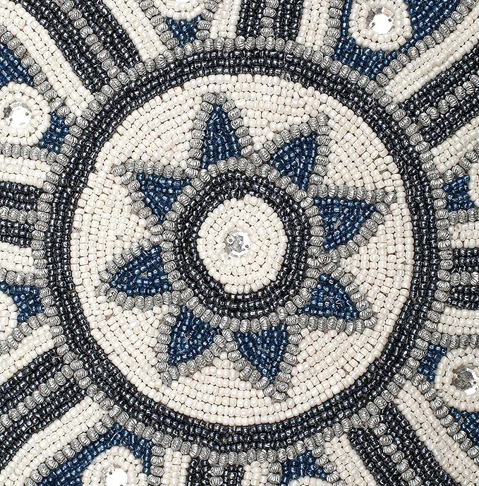 Round White & Grey Silver Beaded Placemats - 13 in Round, Perfect for Dining Table, Ideal for Holidays & Christmas, Glitz Charger Included