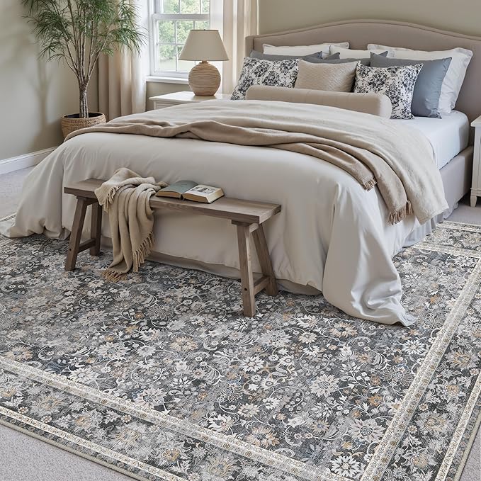 HUGEAR 6x9 Machine Washable Rugs Black Grey Hallway Large Area Rug Indoor Accent Rug Floral Low Pile Carpet Soft Throw Aesthetic Rug Bedroom Living Room Office Dining Room Kitchen Laundry Room