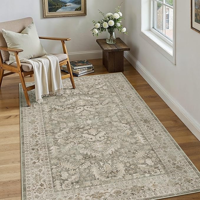 PureCozy Brown 3x5 Entryway Rug Vintage Area Carpet Indoor Office Washable Door Mat Entrance Small Low Pile Traditional Distressed Retro Accent Throw Rug Non Slip Kitchen Bathroom