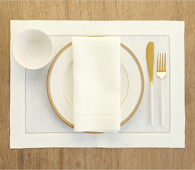 Solino Home Ivory Linen Napkins Set of 6-100% Pure Linen Hemstitch Dinner Napkins 20 x 20 Inch for Spring, Easter - Classic Hemstitch