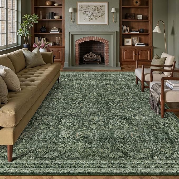 PureCozy Dark Green 8x10 Area Rug Washable Vintage Living Room Bedroom Carpet Indoor Large Non Slip Soft Low Pile Thin Rug Retro Accent Throw Office Dining Room