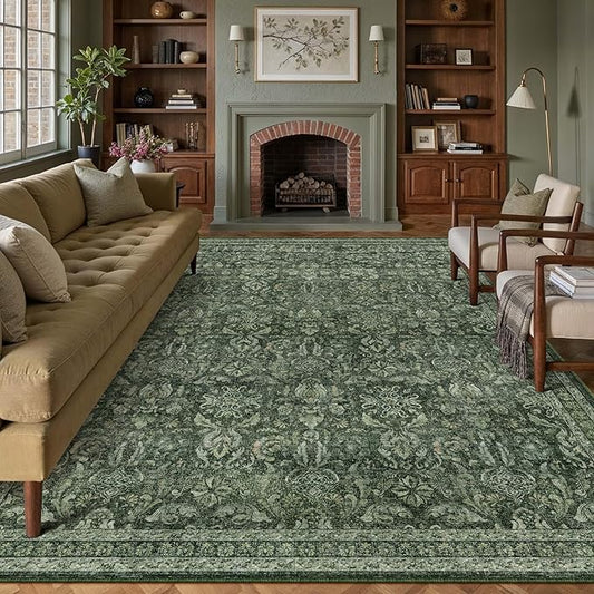 PureCozy Dark Green 8x10 Area Rug Washable Vintage Living Room Bedroom Carpet Indoor Large Non Slip Soft Low Pile Thin Rug Retro Accent Throw Office Dining Room