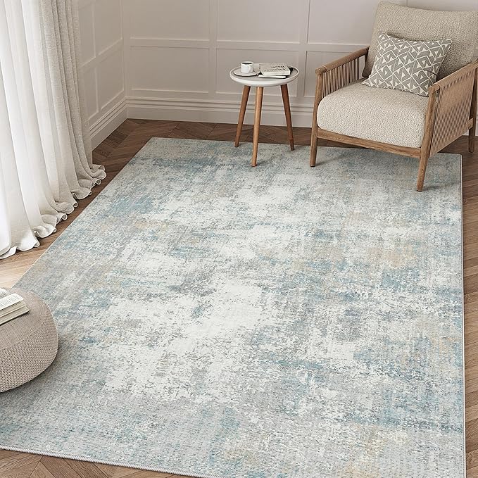 WondRg 3x5 Washable Area Rug Blue Cream Abstract Entryway Office Throw Rug Neutral Modern Non Slip Soft Low Pile Lightweight Small Carpet for Kitchen Living Room Bedroom Entrance