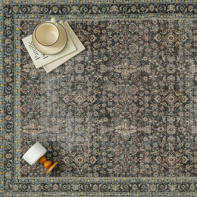 PureCozy Area Rug 5x7 Black Washable Vintage Living Room Carpetb Traditional Distressed Bedroom Indoor Soft Non Slip Large Rug Retro Thin Low Pile Floor Cover for Office Dining Room