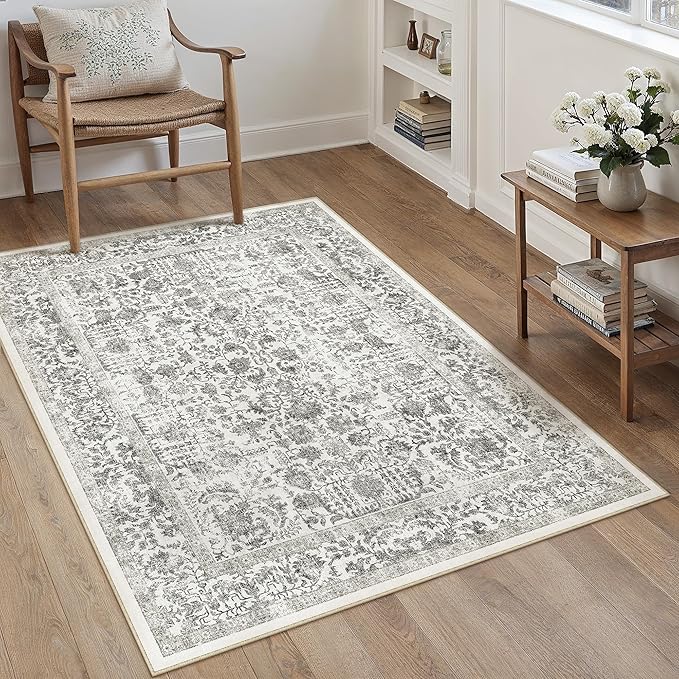 PureCozy Black Area Rug 3x5 Office Entryway Rug Machine Washable Kitchen Vintage Distressed Non Slip Carpet Indoor Retro Floral Accent Throw Door Mat for Bathroom Bedroom Dining Living Room