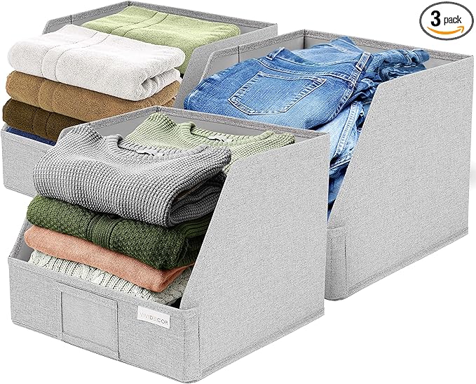 Trapezoid Closet Bins for Shelves – 12x12x10 Fabric Storage Baskets, Closet Organizers Bins, Open Front Fabric Baskets, Collapsible Organizer Boxes for Clothes, Linen – Light Gray, 3 Pack