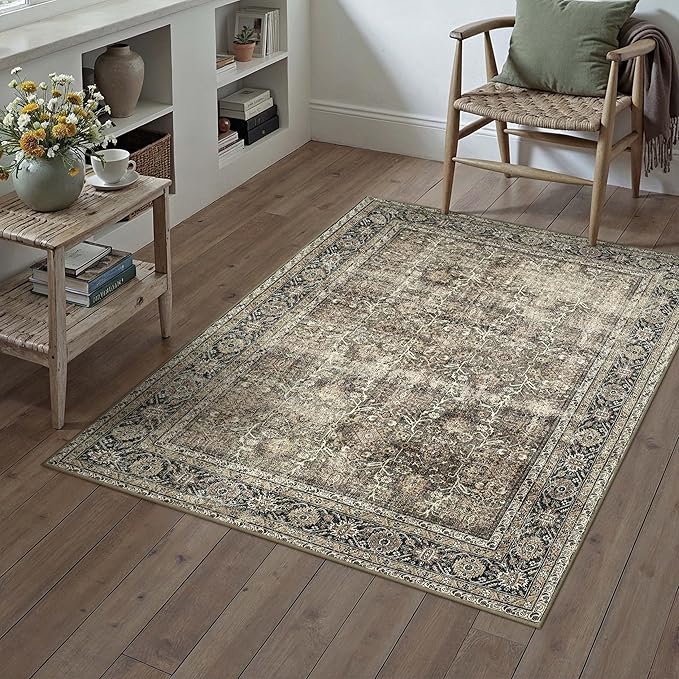 PureCozy Vintage Area Rug 4x6 Brown Entryway Office Washable Carpet Non Slip Bedroom Indoor Living Room Door Mat Low Pile Traditional Distressed Retro Accent Rug for Dining Room Bathroom Kitchen