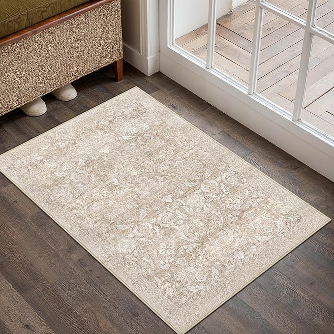 PureCozy 2x3 Area Rug Washable Beige Vintage Entryway Door Mat Carpet Indoor Non Slip Small Low Plie Thin Kitchen Bathroom Rug Retro Accent Throw Entrance Bedroom Office Living Room