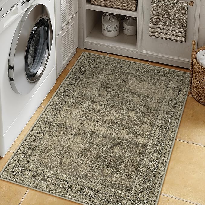 PureCozy Vintage Area Rug 3x5 Light Brown Bedroom Indoor Kitchen Washable Living Room Carpet Tribal Distressed Retro Accent Throw Rug for Office Dining Room Bathroom Faux Wool