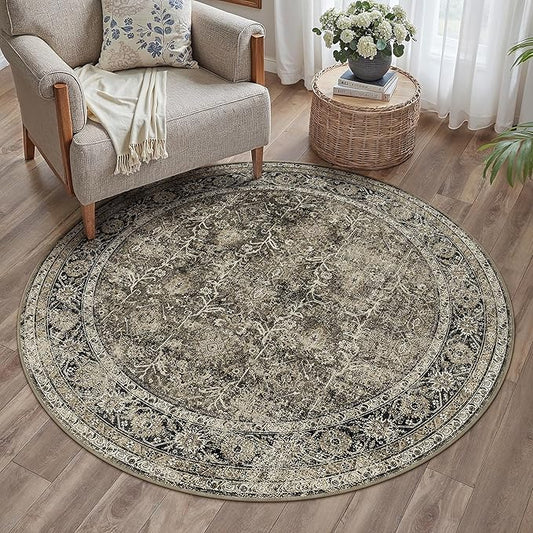 PureCozy Brown Round Area Rug 4ft Entryway 4x4 Circle Vintage Indoor Kitchen Washable Door Mat Living Room Carpet Non Slip Traditional Distressed Retro Accent Throw Rug Office Dining Room Bathroom