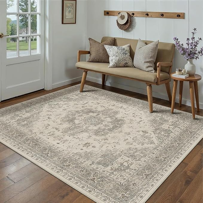 PureCozy 5x7 Washable Area Rug Beige Grey Vintage Distressed Rug for Office Oriental Soft Thin Indoor Retro Gray Carpet Non Slip Low Pile Floor Cover for Living Ding Room Bedroom Laundry Dorm