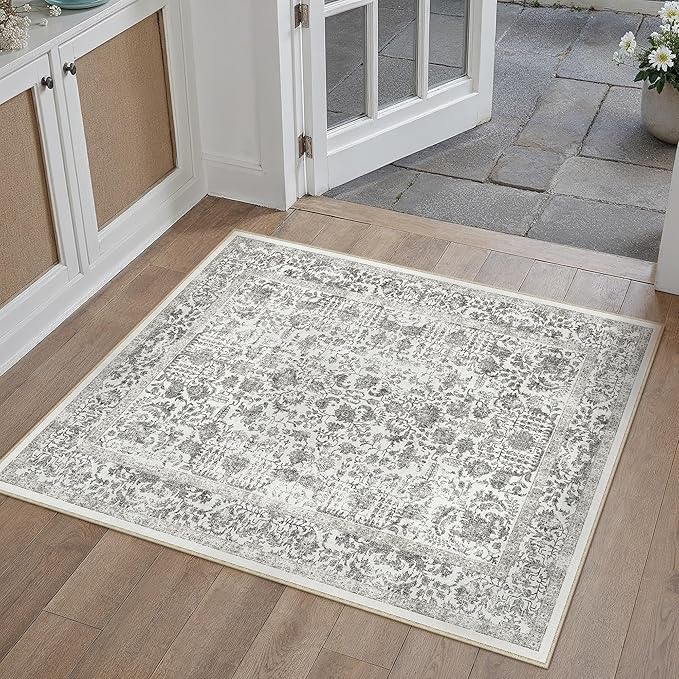 PureCozy Black Entryway Area Rug 2x3 Door Mat Machine Washable Kitchen Vintage Distressed Non Slip Carpet Indoor Retro Floral Accent Throw Small Rug for Bathroom Office Bedroom Dining Room