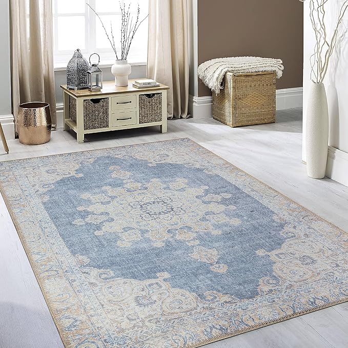 RugOver Machine Washable Area Rug, Pet-Friendly and Non-Slip Indoor Carpet for Kitchen, Bathroom, Living Room, Home Floor Decoration(Blue Jean/Peanut, 3' x 5')