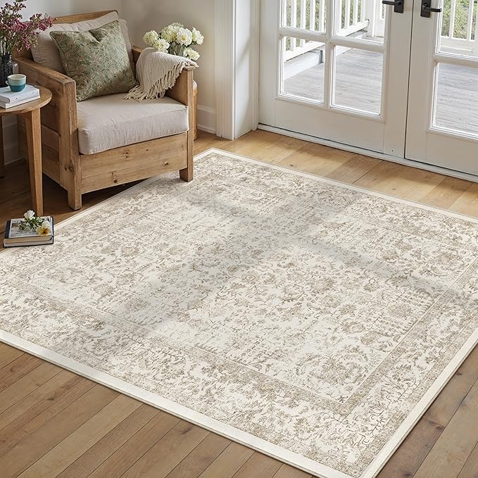 PureCozy Light Brown Area Rug 3x5 Office Entryway Rug Machine Washable Kitchen Vintage Distressed Non Slip Carpet Indoor Retro Floral Accent Throw Door Mat for Bathroom Bedroom Dining Living Room