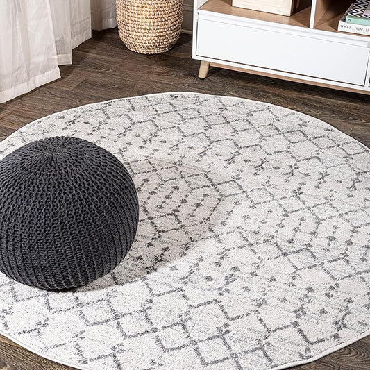 JONATHAN Y Boho Vintage Diamond Cream/Gray Round Area Rug 7 ft, Moroccan Hype for Living Room, Bedroom, Kitchen, Office, Easy-Cleaning, High Traffic, Pet-Friendly, Non-Shedding (MOH101B-7R)