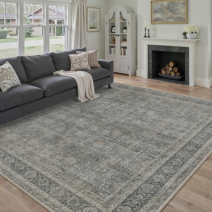 PureCozy Vintage Area Rug 6x9 Grey Brown Washable Living Room Large Carpet Non Slip Bedroom Indoor Office Low Pile Traditional Distressed Retro Accent Rug for Dining Room Kitchen